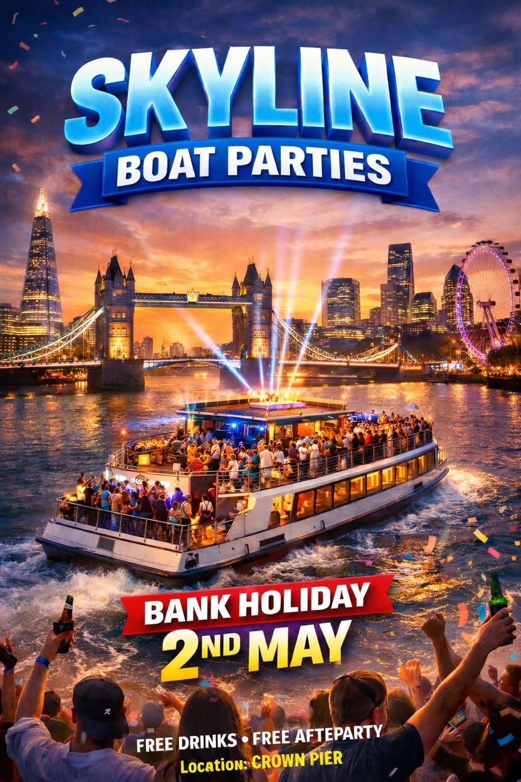 BANK HOLIDAY BOAT CELEBRATIONS ON THE THAMES WITH A SECRET AFTER PARTY AND FREE DRINKS