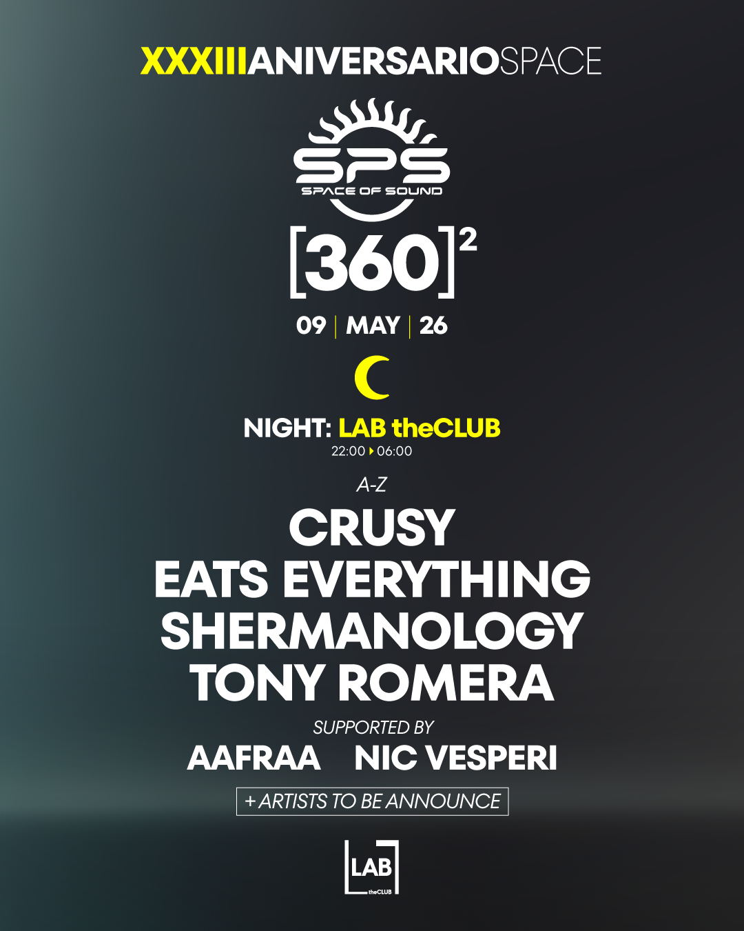 33 ANIVERSARIO Space [NIGHT] with Crusy, Eats Everything, Shemanology, Tony Romera