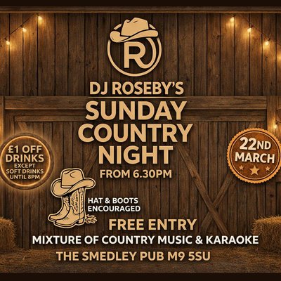 DJ Roseby's Sunday Country Night: Music, Karaoke & Drinks Deals!
